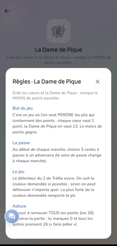 Capture d'écran — La Dame de Pique : Les règles, toujours à portée de main