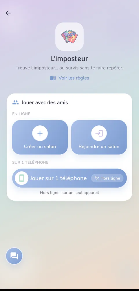 Capture d'écran — L'Imposteur : La page du jeu dans l'app