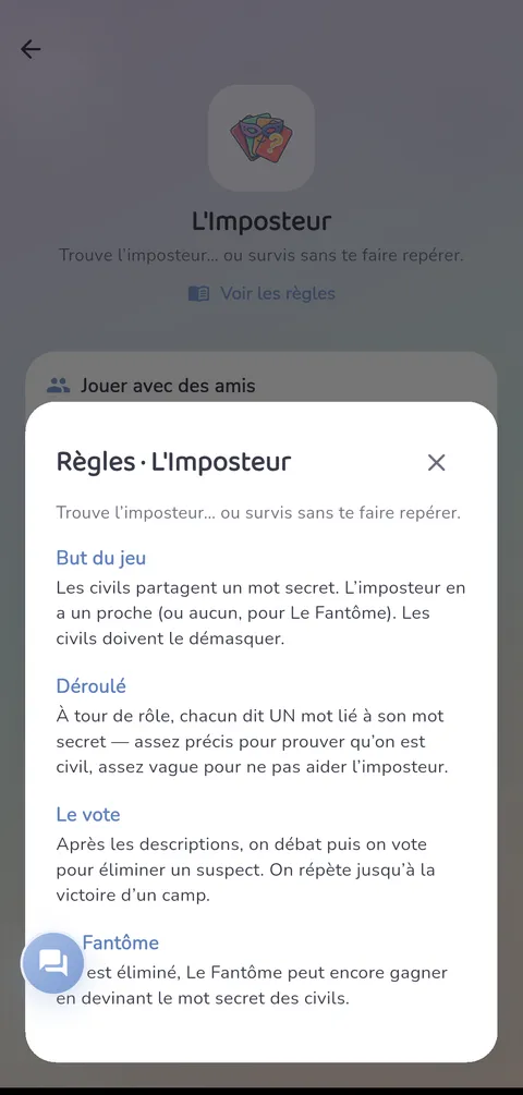 Capture d'écran — L'Imposteur : Les règles, toujours à portée de main