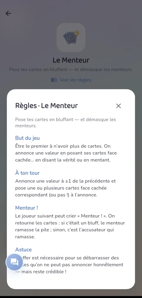 Capture d'écran — Le Menteur : Les règles, toujours à portée de main