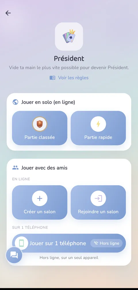 Capture d'écran — Président : La page du jeu dans l'app