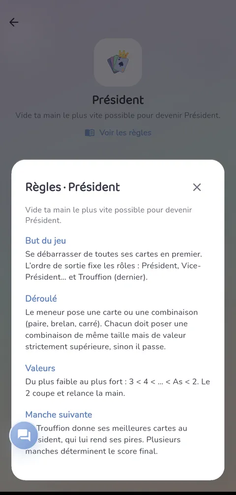 Capture d'écran — Président : Les règles, toujours à portée de main