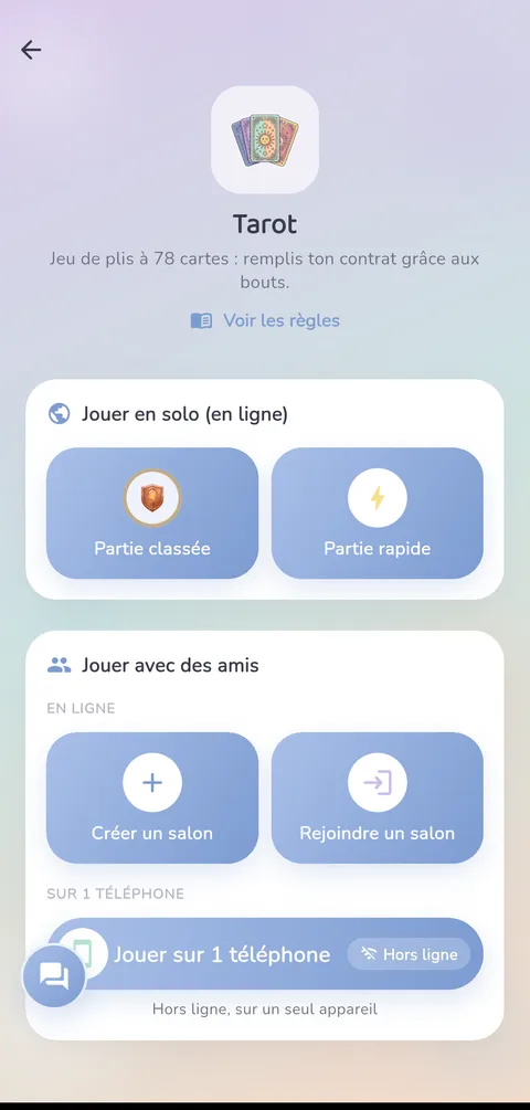 Capture d'écran — Tarot : La page du jeu dans l'app