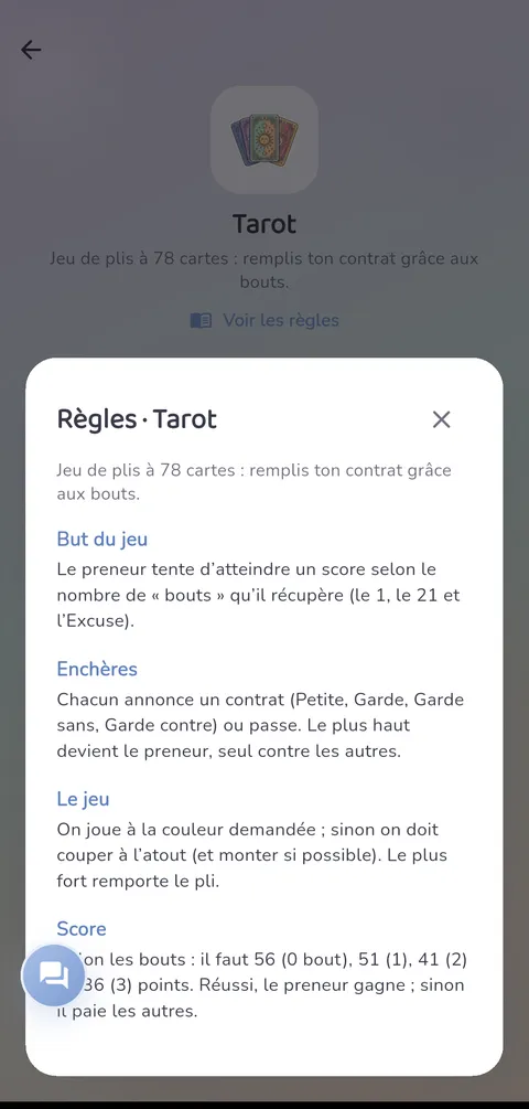Capture d'écran — Tarot : Les règles, toujours à portée de main
