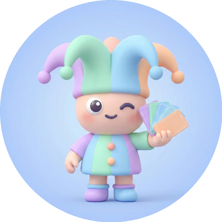 La mascotte Pliko, un petit bouffon pastel tenant des cartes